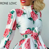 POSHOOT Women High Neck Long Sleeves Rose Print Ruffles Hem Dress Elegant Fashion Chic Dress