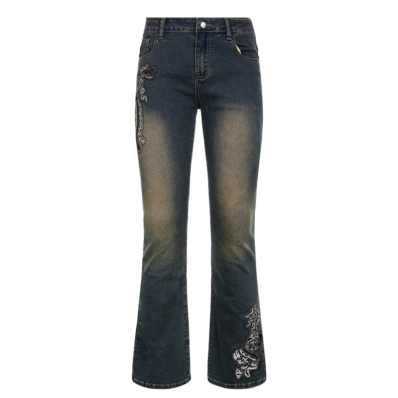 Poshoot  Grunge Y2K Graphic Low Waist Jeans Women Vintage Embroidery Skinny Denim Pants 2000s Aesthetic Jeans Bottom