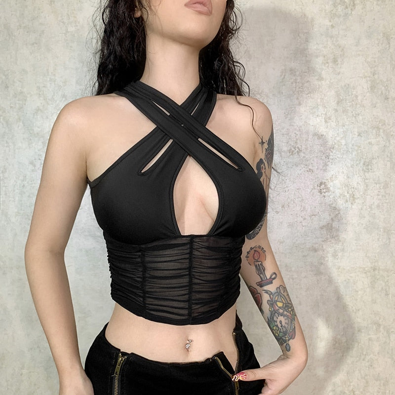 Poshoot  Fashion Black  Crop Top Women Mesh Ruched Skiny Tank Tops Club Party Vest Cut Out Criss-Cross Transparent Gothic