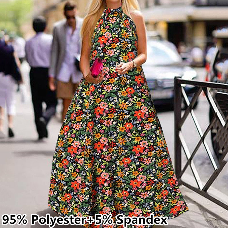 POSHOOT Women Maxi Long Dress Celmia Dress 2022 Summer Fashion Floral Print Halter Sundress Sleeveless Party Robe Loose Vintage Vestidos