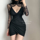 Poshoot  Autumn New OL  Mature V Neck Lace Mesh Splicing Elegant Hollow Out Long Sleeve Mini Dress Sweet Asian Female V6WQ