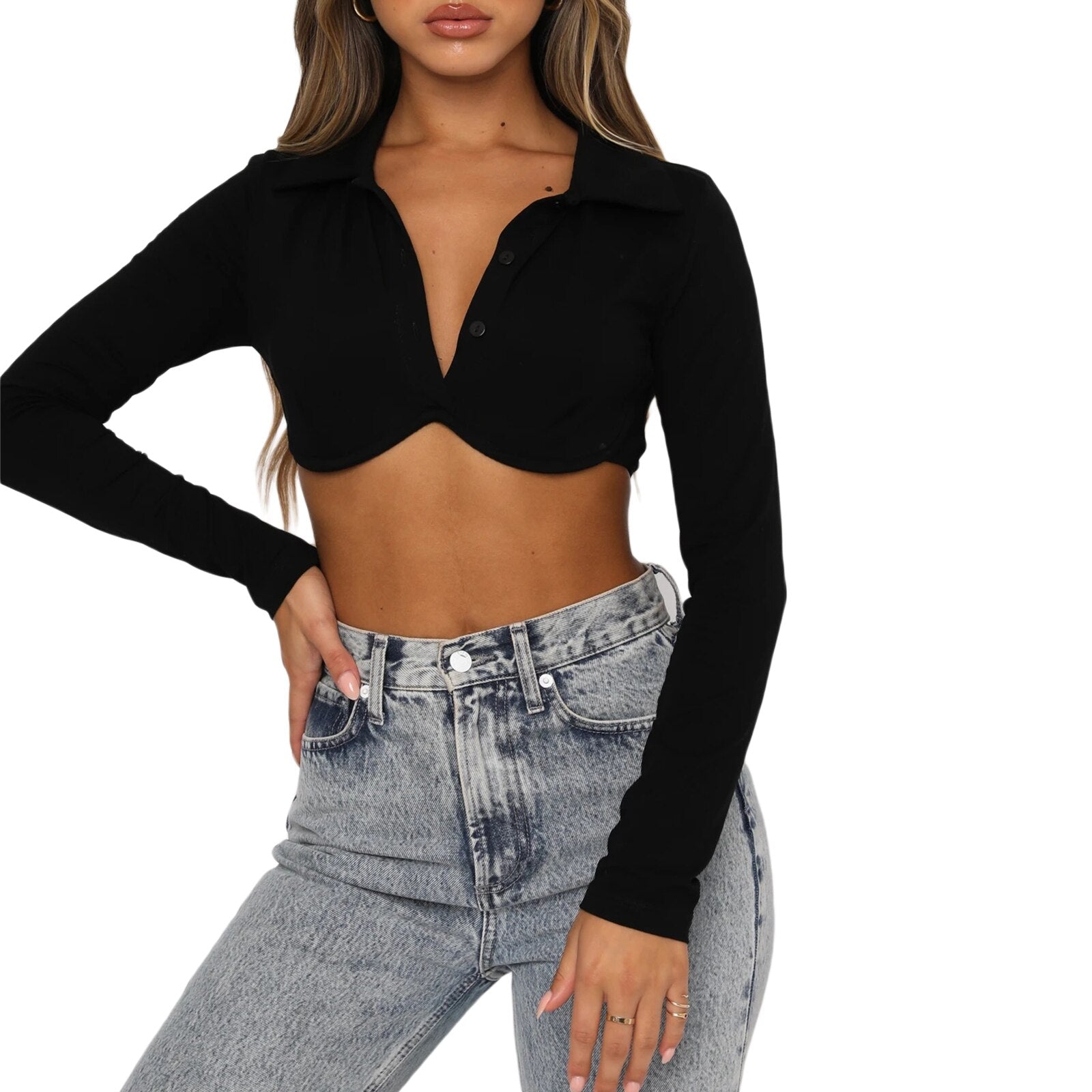 Poshoot  Chic Solid Color Lapel Button down Wrap Tube Tops Autumn Streetwear Women's Long Sleeve Slim Fit T-Shirt Crop Tops