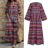 POSHOOT Women Maxi Dress Autumn Kaftan Dress Casual Full Length Robe Femme Long Sleeve V Neck Sundress Bohemian Printed Vestidos