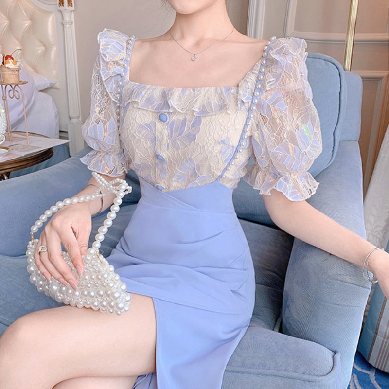 POSHOOT Short Sleeve Evening Party Midi Dress Women 2022 Summer Korean Style 2 Piece Set Fashion Suits Elegant Vintage Lace Dress Female