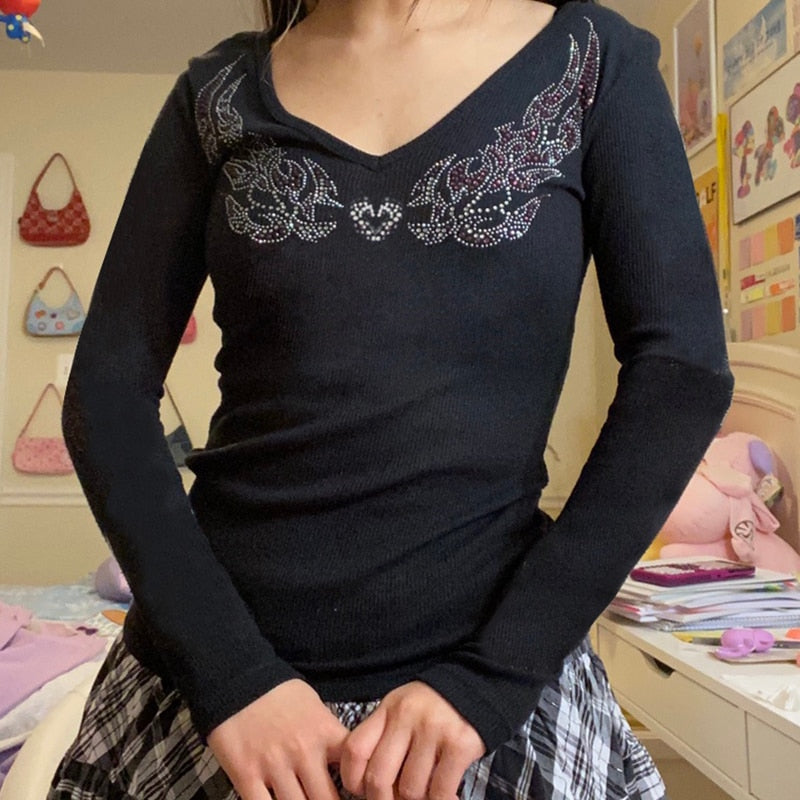Poshoot   Y2K Fairy Grunge Autumn Crop Top 2022 Printed Long Sleeve T Shirt Women Casual Grafic Tops Harajuku Vintage Clothes