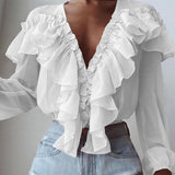 POSHOOT 2022  Solid Ruffles Blouse Women Long Sleeve Tunic Tops Casual Loose Shirt Ladies Elegant Sexy Deep V-Neck Thin Blusas Mujer