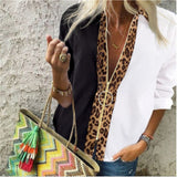 Poshoot  Fashion Leopard White Spliced Blouse Women Shirts Spring Fall Long Sleeve Zip Up V-Neck Tops Casual Female Plus Size Blouse