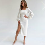 Poshoot Sexy Square Collar Slit Midi White Female Dress Autumn Elegant Lantern Sleeve Night Club Party Dresses For Women