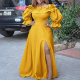 Poshoot  2022  Summer Party Dresses Women High Slit Ruffled Dress Holiday Vestido Hot Lady Long Sleeve Off Shoulder Elegant Sundress