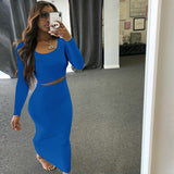 Poshoot  Autumn Women Two-piece Clothes Set Solid Color Long Sleeve Pullover Crop Tops and High Waist Maxi Bodycon Skirts