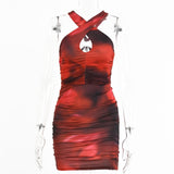 Poshoot  2023 New Tie-Dye Bodycon Dress For Women Party Night Vestidos Cross Lace Up Backless Mini Dress Ladies Elegant Clubwear