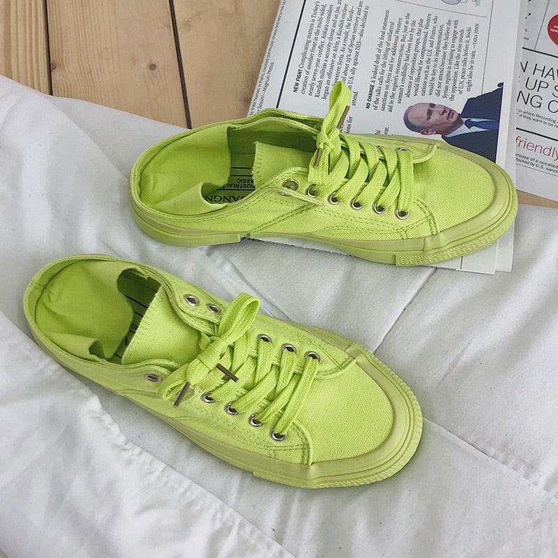 POSHOOT Women Vulcanize Shoes Fashion Canvas Flats Sneakers Lace-Up Slip On Ladies Casual Autumn Comfortable 2022 Green Classic Shoes