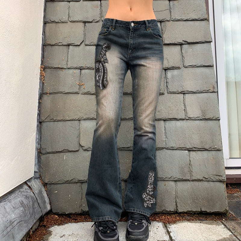 Poshoot  Grunge Y2K Graphic Low Waist Jeans Women Vintage Embroidery Skinny Denim Pants 2000s Aesthetic Jeans Bottom