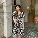 Poshoot Vintage Floral Print Women's Dress Puff Sleeve Backless V-Neck  Sexy Dress Women Summer Short Sleeve A-Line Mini Dress