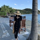 POSHOOT One Piece Dress Korean Vintage Midi Dresses Women Short Sleeve Elegant Black Dress Office Ladies Button Design Summer 2022 Y2K
