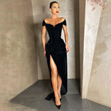 Poshoot 2022 Spring Summer Short Sleeve High Split Formal Evening Dress Women Solid Black Red Bodycon Long Maxi Party Cocktail Dresses