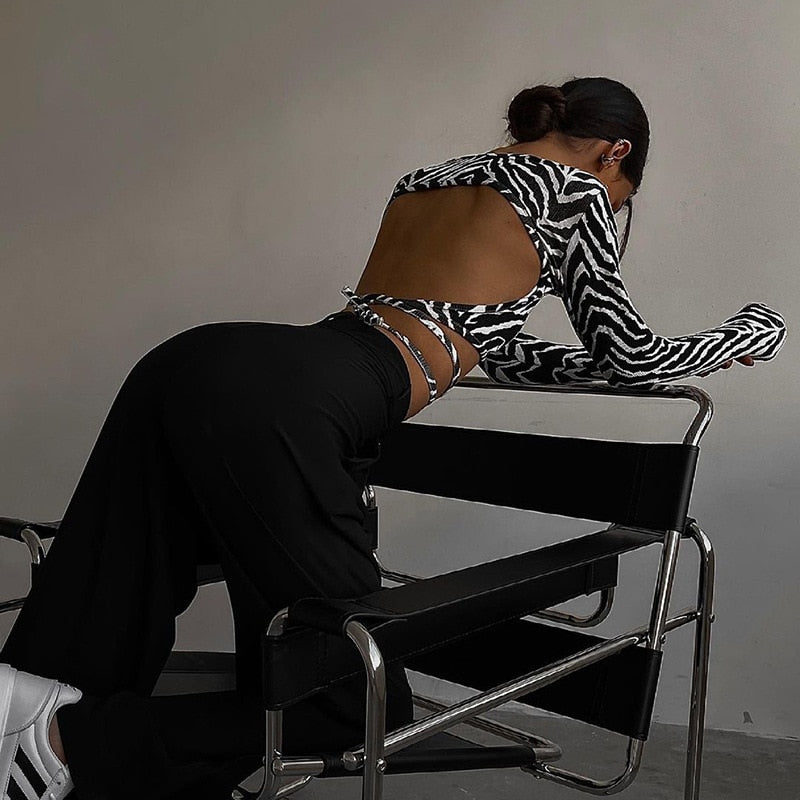 Poshoot  Fashion Elegant  Backless Zebra Print Women Top Long Sleeve Cropped Top T-Shirts Autumn Bandage Top Tees Slim