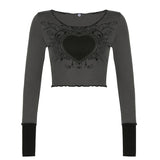 Poshoot  Grunge Retro Fashion Heart Printed Autumn T-shirts for Women Crop Top Dark Academia Gothic Clothes Aesthetic T shirt