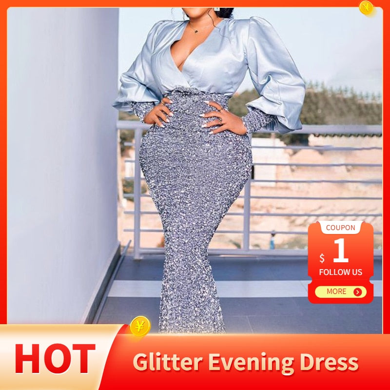 POSHOOT Glitter Dresses For Women Party Club Birthday Elegant Celebrity Plus Size Clothing Floor Length Long Sleeve Maxi Sequin Dress
