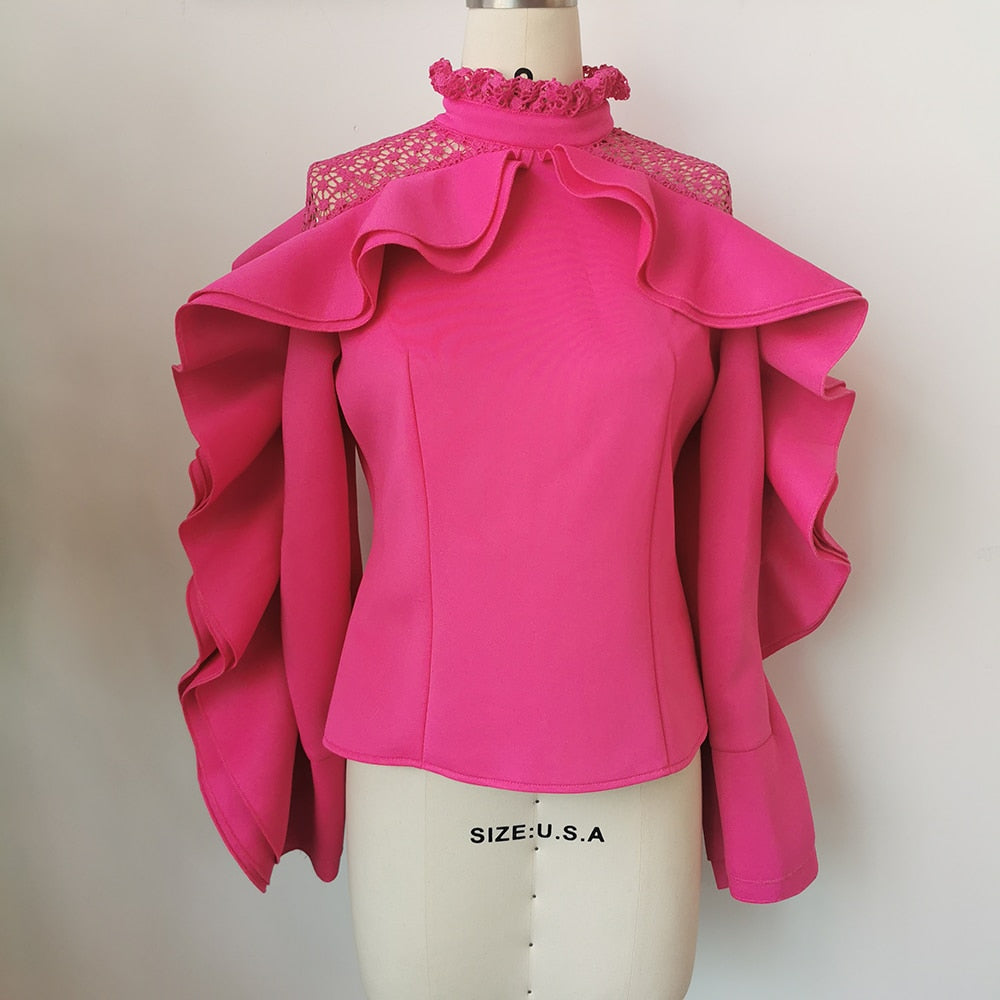 POSHOOT Fashion Woman Blouses 2022 Spring Autumn Shirt Long Sleeve Female Elegant Rose Red Party Chic Ruffle Women's Shirt Top Clothing