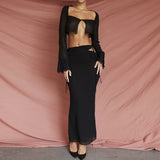 Poshoot  Elegant Fashion Long Sleeve See Through Cutout Cropped Cardigan Maxi Skirt 2 Pieces Sets Outfits Women Dress Sets