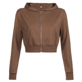 Poshoot    Casual Zip Up Cropped Brown Hoodies Women Harajuku Pockets Basic Autumn Jacket Solid Short Hooded Sweatshirts Coat