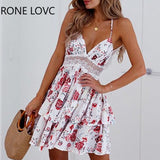 POSHOOT Women Elegant Fashion Sexy Spaghetti Strap V-Neck Floral Dress Mini Dress Summer Party Dress