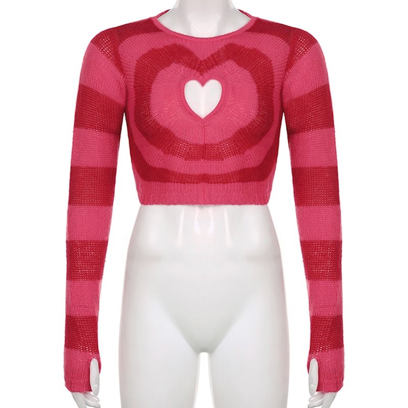 Poshoot  Heart Shape Hollow Out Sweaters Sweet Cute  Long Sleeve O-Neck Knitted Pullovers Women 2023 Winter Casual Streetwear