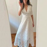 2023 White Gown Dress Women Cotton Hollow Out V-Neck Elegant Maxi Ladies Dress Chic Short Sleeve Summer Dress New