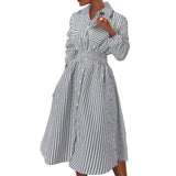 POSHOOT 2022 Fashion Striped Print Shirt Dress Long Sleeve Waist Robe Lady Casual OL Dresses Oversize Women Elegant Midi Vestidos