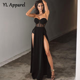 Poshoot New 2022 Spring Summer Sexy Strapless Mesh Patchwork Tunics Party Dress Women Black High Split Long Maxi Formal Evening Dresses