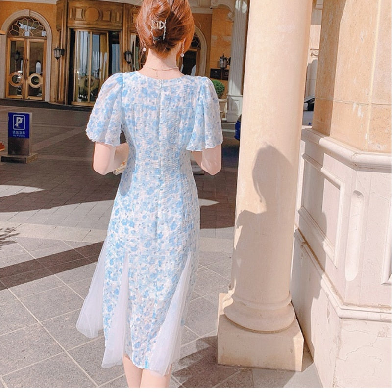 POSHOOT Chiffon Floral Midi Dress Women Lace Short Sleeve Elegant Y2k Blue Party Dress Female 2022 Summer Vintage One Piece Dress Korean