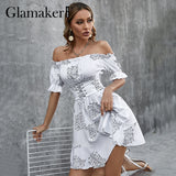 POSHOOT Newspaper Printed Sexy Cold Shoulder A-Line Midi Dress Office Ladies Commute Bandage Girdle Ruffles Holiday Dresses New