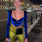 Poshoot  Autumn Velvet Square Collar Womens Tops and Blouses Fashion Blue Shirts Blouse Cropped Top Elegant Club Party