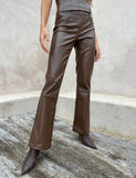Poshoot  Autumn Fashion High Waist PU Leather Long Pants Vintage Office Women Button down Flared Trousers Casual Bell-Bottoms