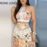 POSHOOT Women Eyelet Lace-Up Floral Lace Hem Top & Skirt Sets Dress  2 Piece Set Women