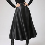 POSHOOT 2022 Autumn PU Leather Midi Skirts Women Elegant OL High Waist Party Skirt Fashion Office Lady Solid Jupe Street Faldas