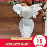 POSHOOT 2022 Summer Fashion Midi Dress Elegant Evening Party White Dresses For Women Classy Prom High-Waist Lace Ruffle Female Clothing