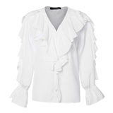 POSHOOT Women's Elegant Shirt Celmia Sexy V Neck Long Sleeve Casual Ruffles Shirt Button Solid Street Blusas  OL Party Tops