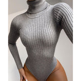 Poshoot    Autumn Winter Ribbed Knitted Long Sleeve Bodysuit Women Skinny Basic Solid Body Femme Casual Turtleneck Bodysuits Top