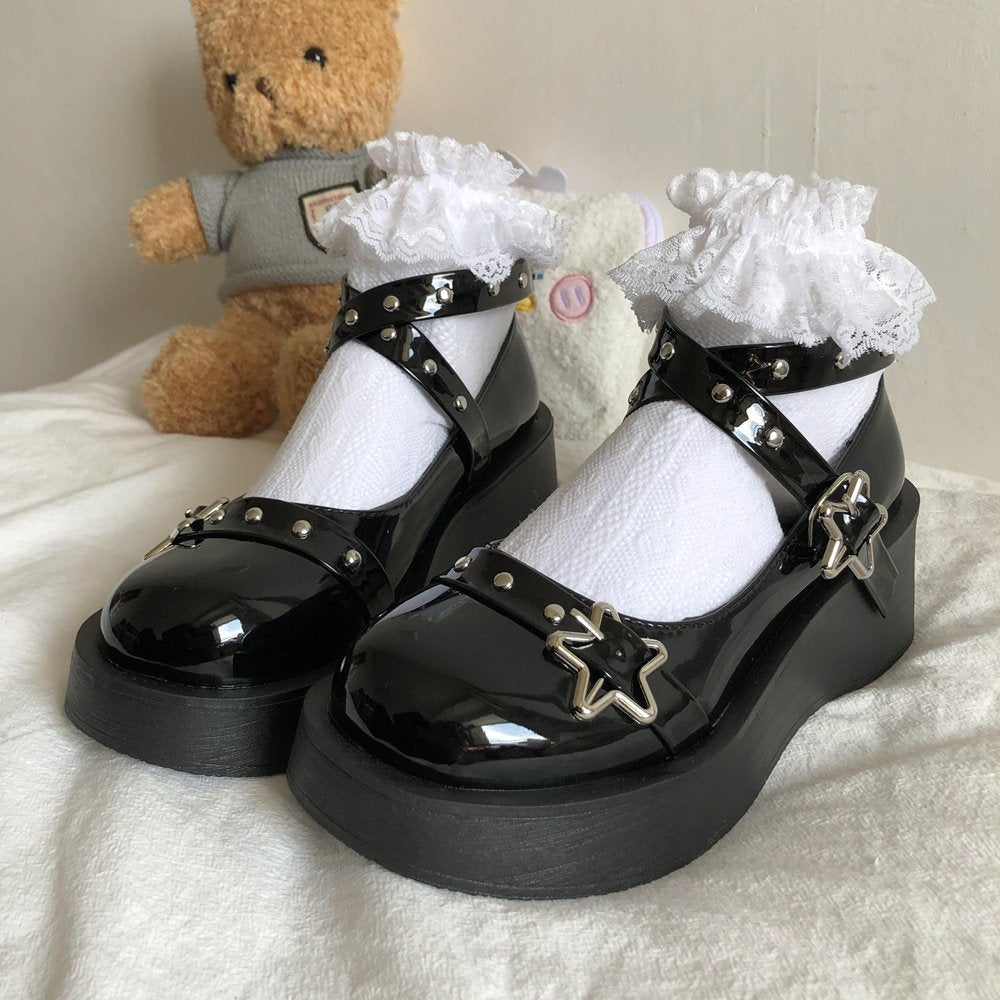 POSHOOT Japanese Lolita Shoes Star Buckle Strap Mary Janes Women Cross-Tied Platform Shoe Patent Leather Girls Rivet Casual Shoes