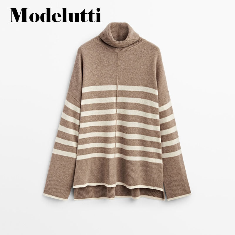 Back To School Poshoot Winter 2022 New Sweaters Vestidos England Style Fashion Simple Striped Turtleneck Leisure Warmth Knitted Women Top