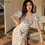 Poshoot Dresses Women Side-Slit French Style Print Leisure Puff Sleeve All-Match Sexy Ladies Vestidos Vintage College Birthday Party New