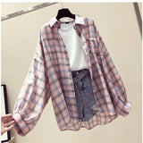 Women Blouses Korean Thin Plaid Loose Shirts Female Daily Streetwear Cute Student Clothing Fashion Vintage Girl Shirt Outwear