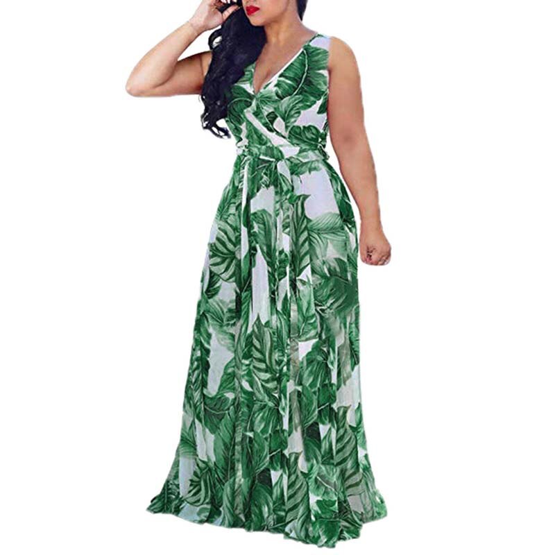 POSHOOT Woman Plus Size Dress V-Neck Sleeveless Spaghetti Strap Green Leaves Print Bandage Casual Loose Big Hem Maxi Dresses