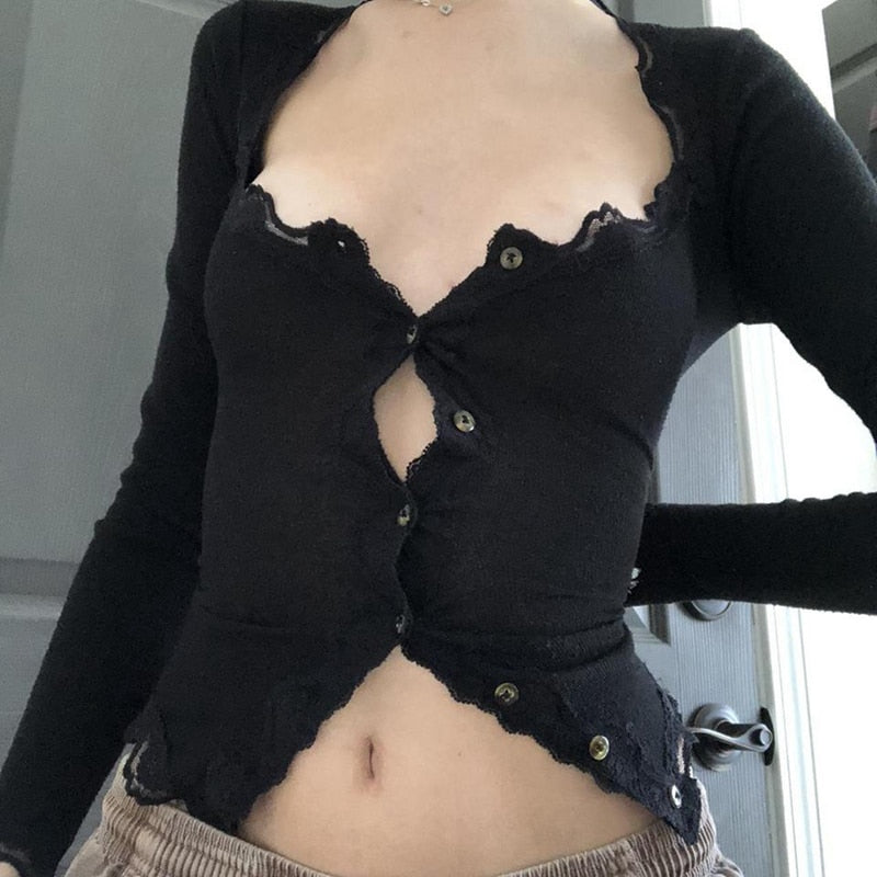 Poshoot  y2k Vintage Lace Trim Black T-shirt Button Low Cut Long Sleeve Slim Fit Crop Top Elegant Lady Fairycore Grunge Retro Tees Women lj0711