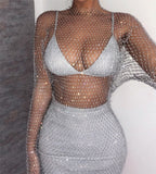 Poshoot   New Crystal Diamond  Bodycon Dress Women Hollow Out Long Sleeve Mini Dress 2023 Summer  See Through Party Dress
