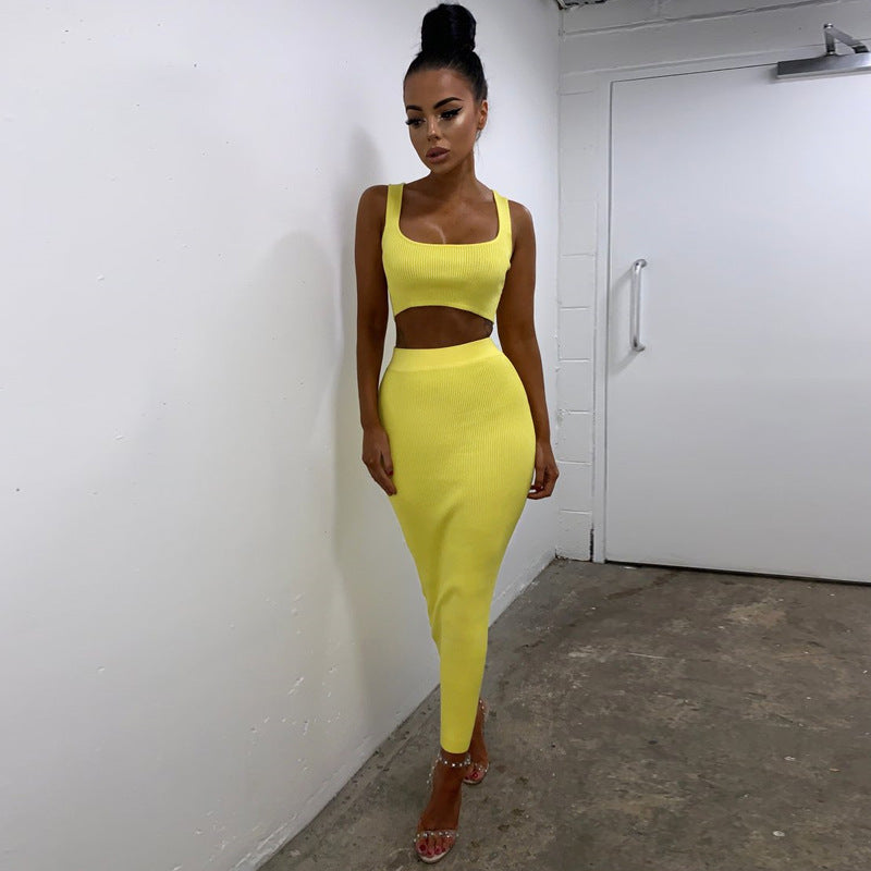 Poshoot   women summer clothes soild color casual crop tank tops long pencil skirt fitness skinny outfit suit two piece 2pc sets
