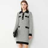 Autumn Winter Dresses For Women Fashion Tweed Dress Lapel Full Sleeve Temperament  Sweater Dress