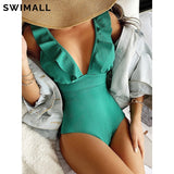 POSHOOT Sexy Ribbed One Piece Swimsuit Women Ruffle Swimwear Female Lace Up Bodysuit V-Neck Bathing Suit Swimming Suit Beach Wear